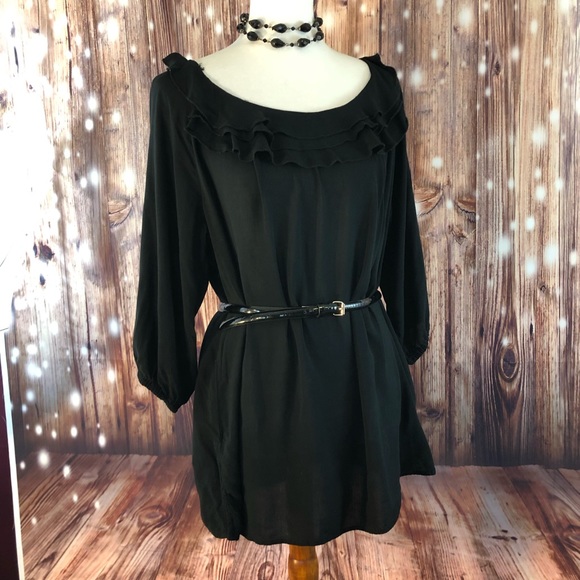 Chelsea Studio Tops - CHELSEA STUDIO Black 3/4 Sleeve Ruffle Neck Top